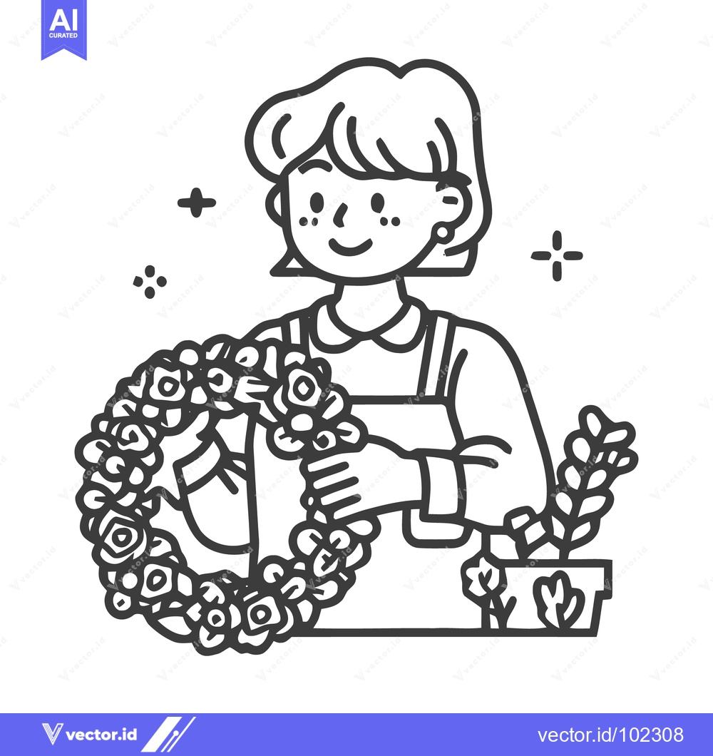 Premium Vector dari Joyful Florist Crafting a Rose Wreath, Charming Minimalist Line Art