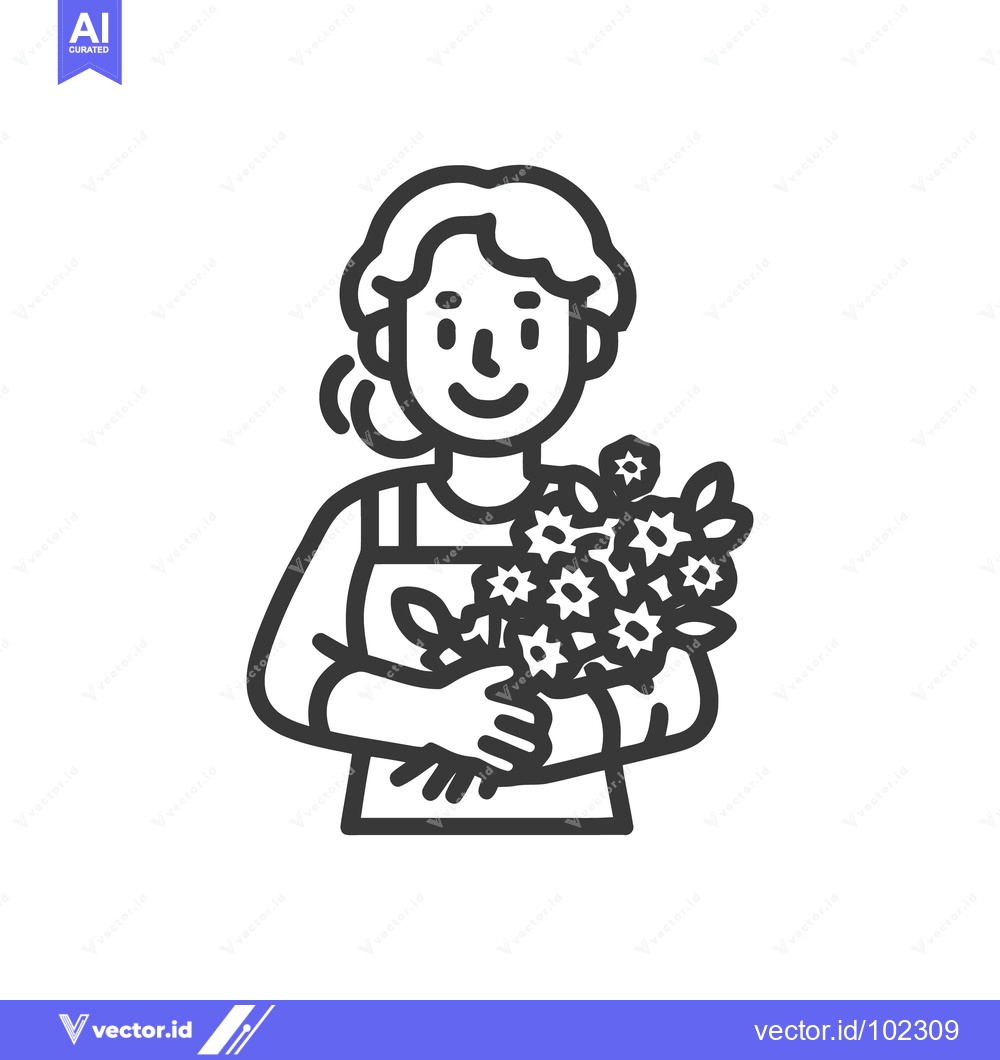 Premium Vector dari Smiling Florist in an Apron Holding a Generous Bouquet of Flowers, Lin