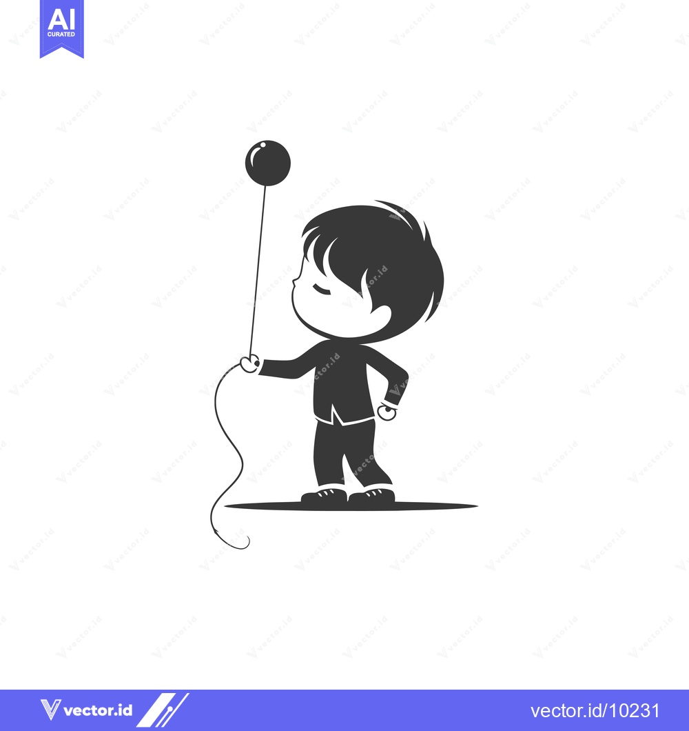 Premium Vector of A Black and White Illustration of a Boy Holding a Balloon