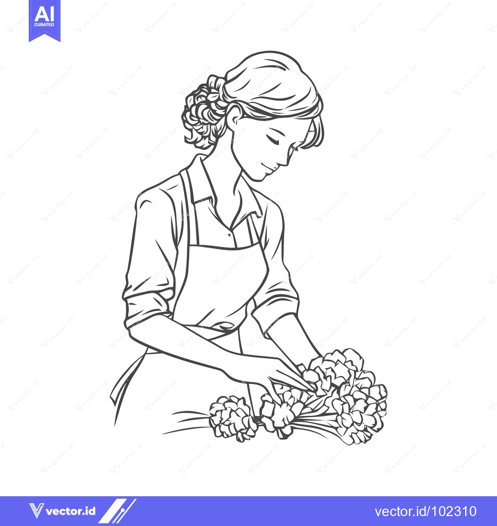 Premium Vector dari Elegant Line Art of a Serene Woman in an Apron Crafting a Flower Bouqu