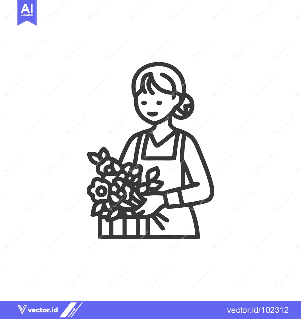 Premium Vector of Minimalist Line Art Icon of a Smiling Florist Holding a Flower Bouquet