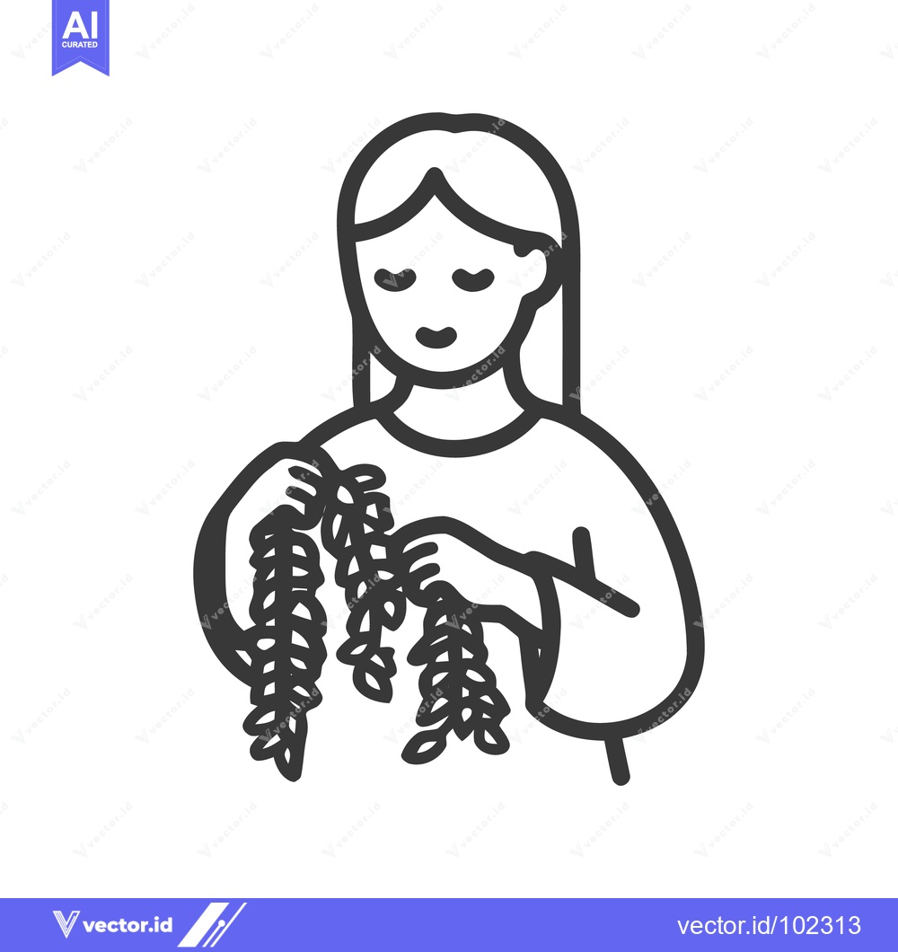 Premium Vector of Serene Woman Holding Leafy Vines, a Minimalist Line Art Icon