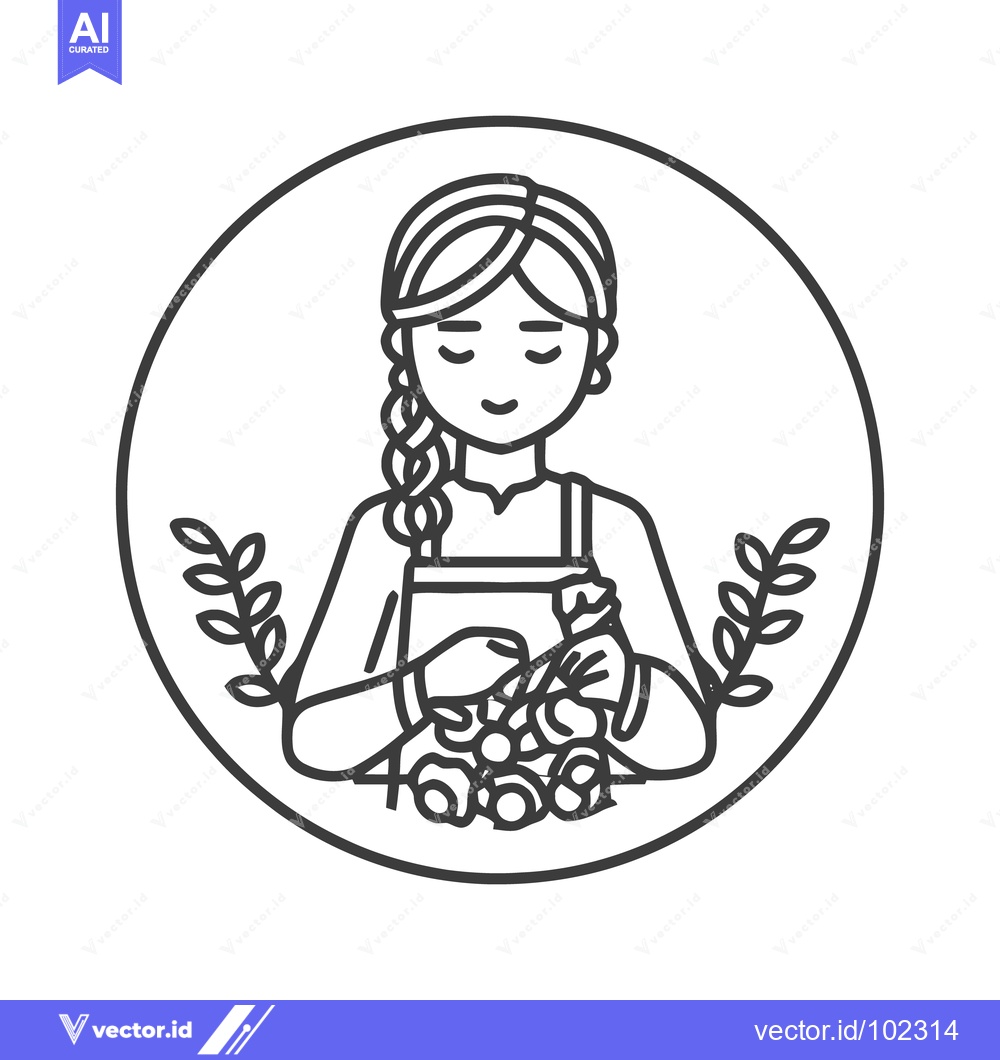 Premium Vector of Serene Florist with Braided Hair Holding a Rose Bouquet, Minimalist Ci