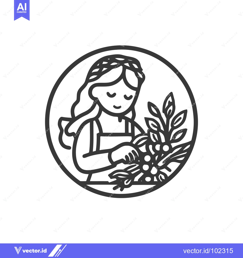 Premium Vector of Artisanal coffee harvest emblem of a serene woman tending to coffee ch