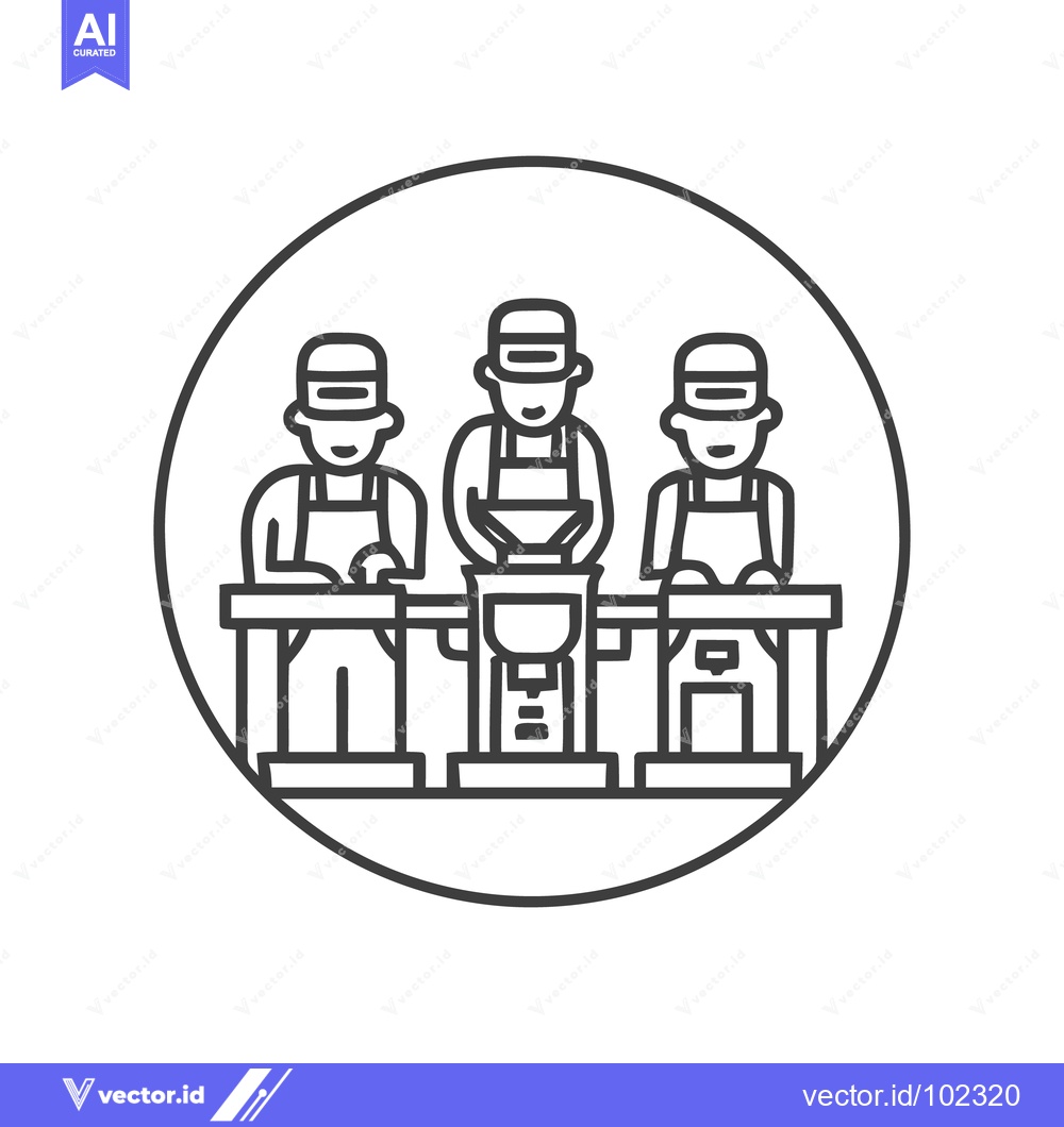 Premium Vector of Symmetrical Line Art Icon of Three Workers on a Factory Assembly Line