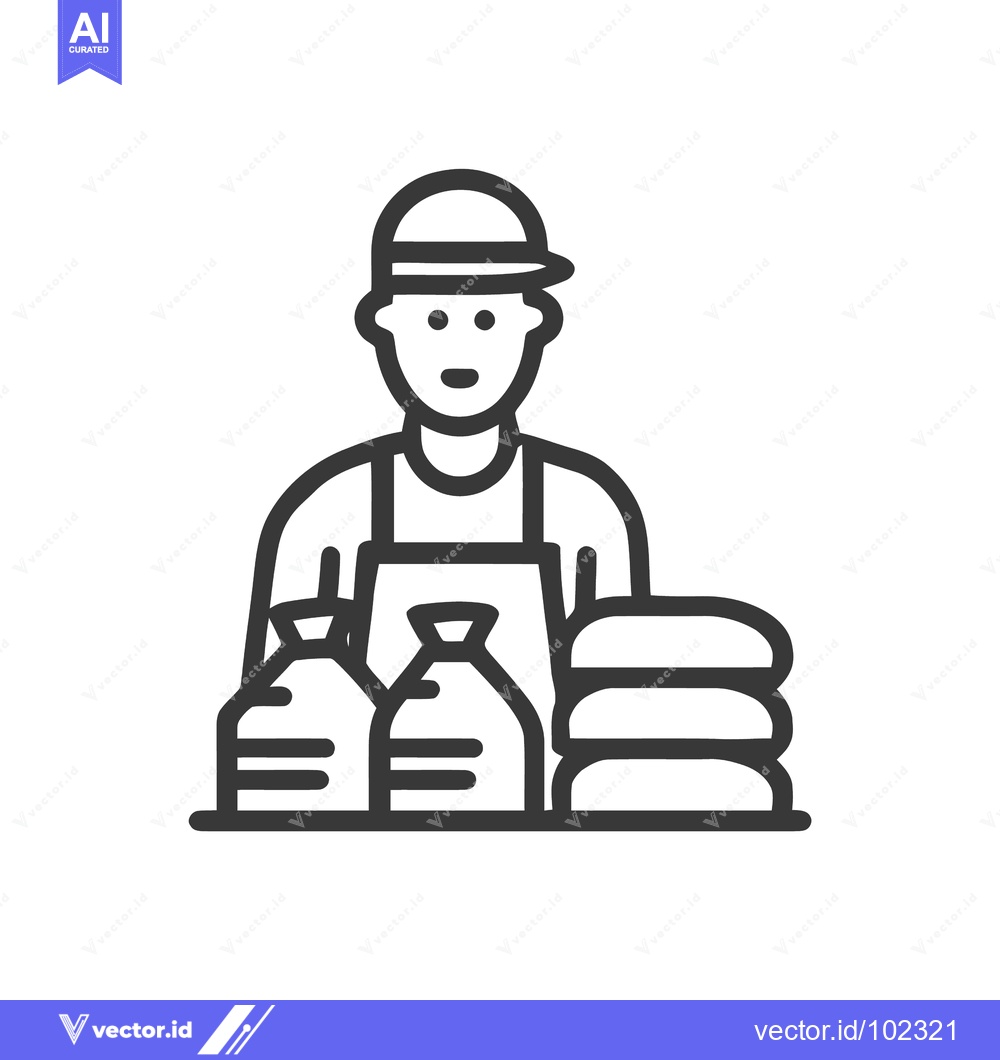 Premium Vector dari Friendly Laundry Attendant with Bags and Folded Towels Line Art Icon