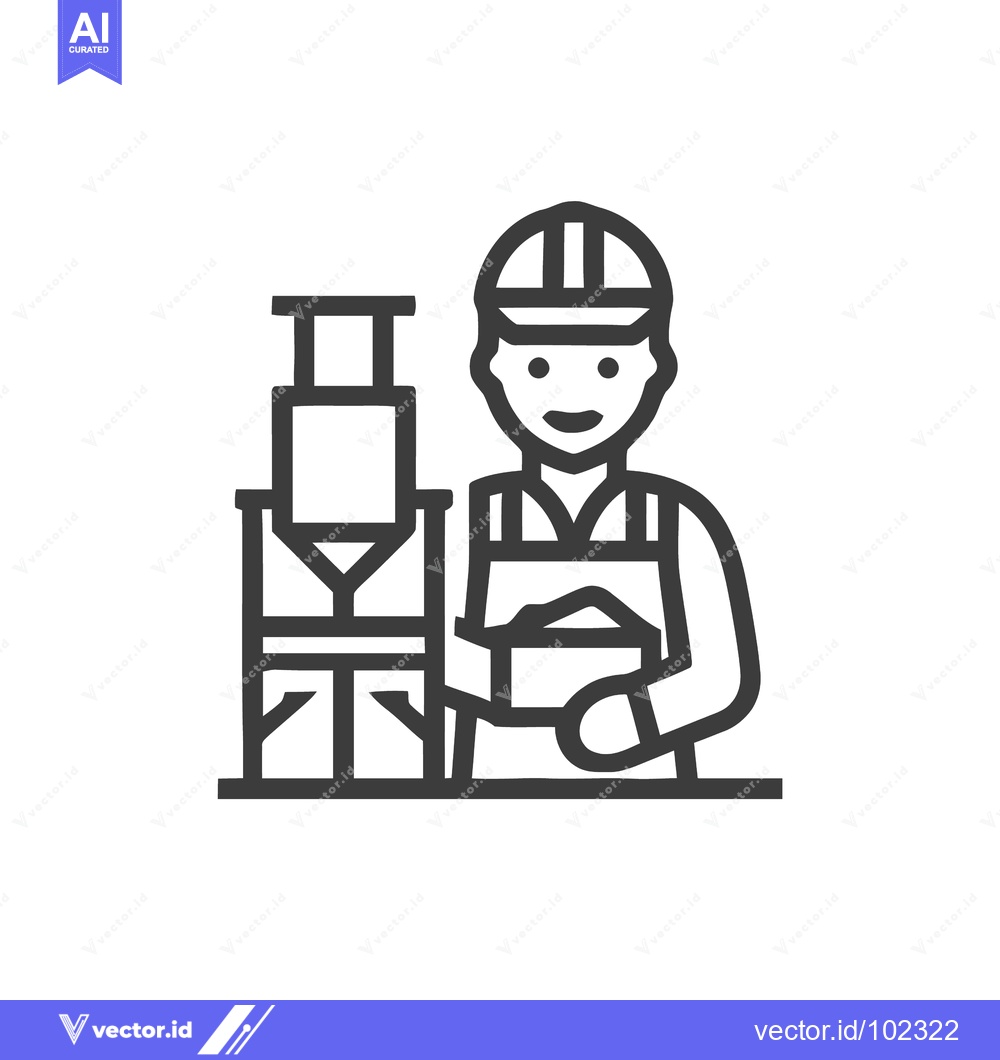 Premium Vector of Monochrome Line Icon of a Cheerful Engineer Operating Industrial Equip