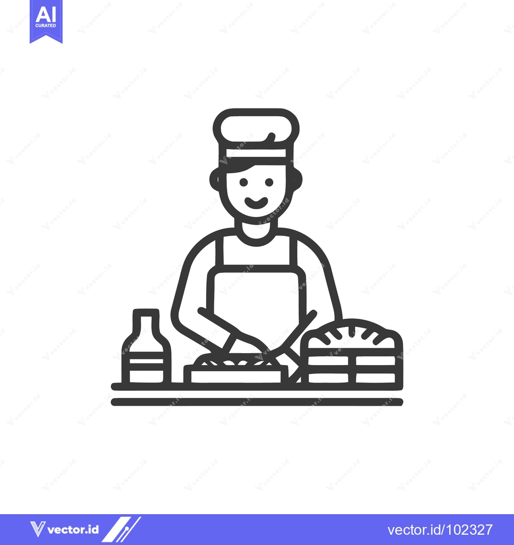 Premium Vector dari Smiling Chef at Counter with Bread and Pie, Minimalist Culinary Line I
