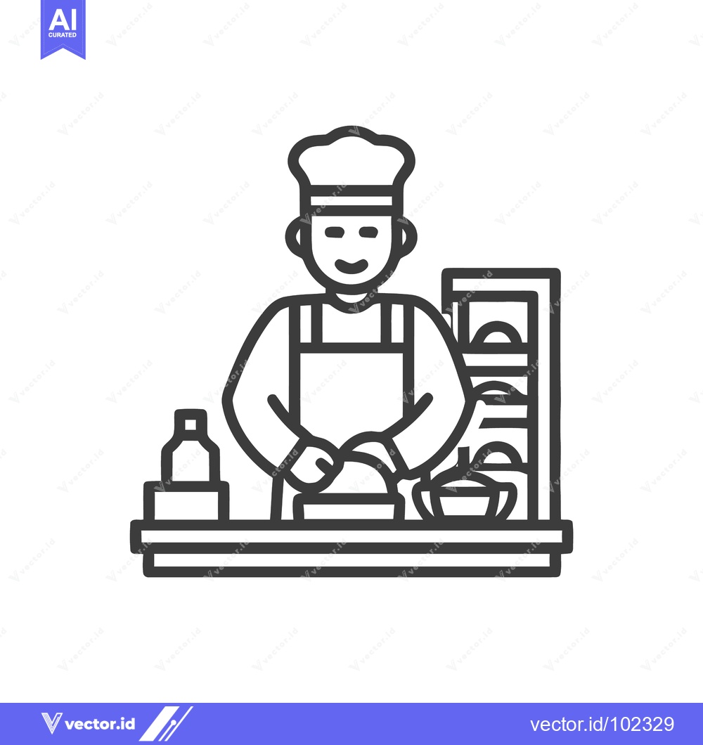 Premium Vector dari Smiling Chef in Toque Kneading Dough at a Kitchen Counter Line Icon