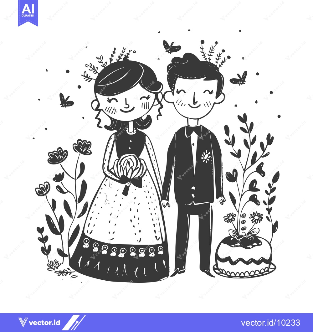 Premium Vector dari A Black and White Illustration of a Bride and Groom with a Cake