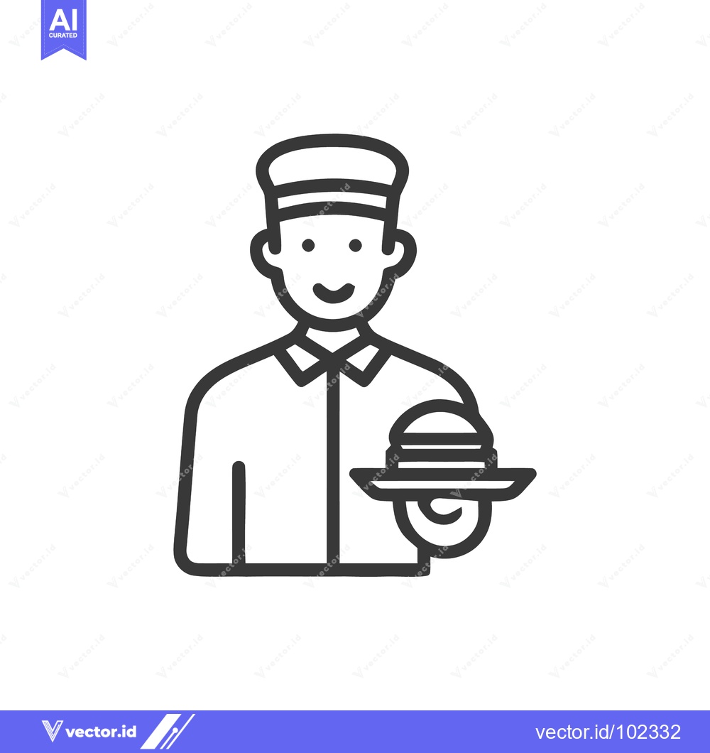 Premium Vector of Cheerful Waiter with Covered Tray, a Minimalist Hospitality Service Li