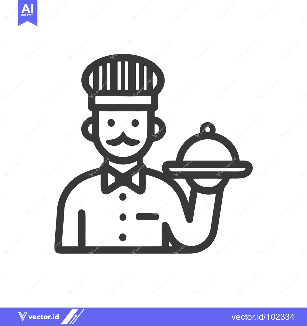 Premium Vector of Minimalist line art icon of a mustachioed chef in a toque, presenting