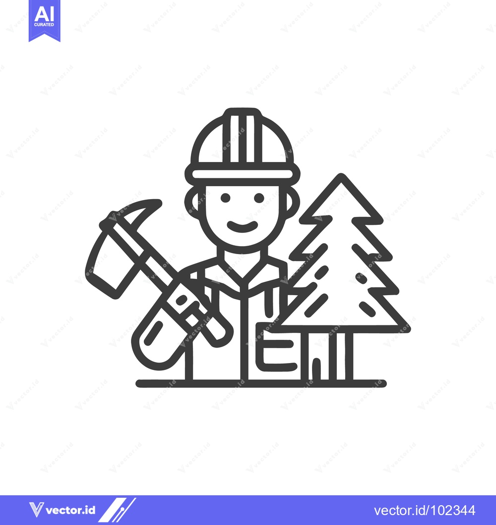 Premium Vector of Smiling Forester with Hard Hat and Axe, Minimalist Line Art Icon for F