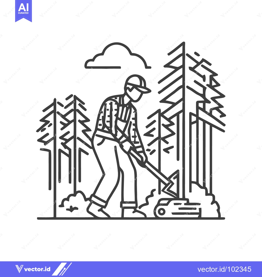 Premium Vector dari Stylized Lumberjack Chopping Log with Axe in a Geometric Forest Line A