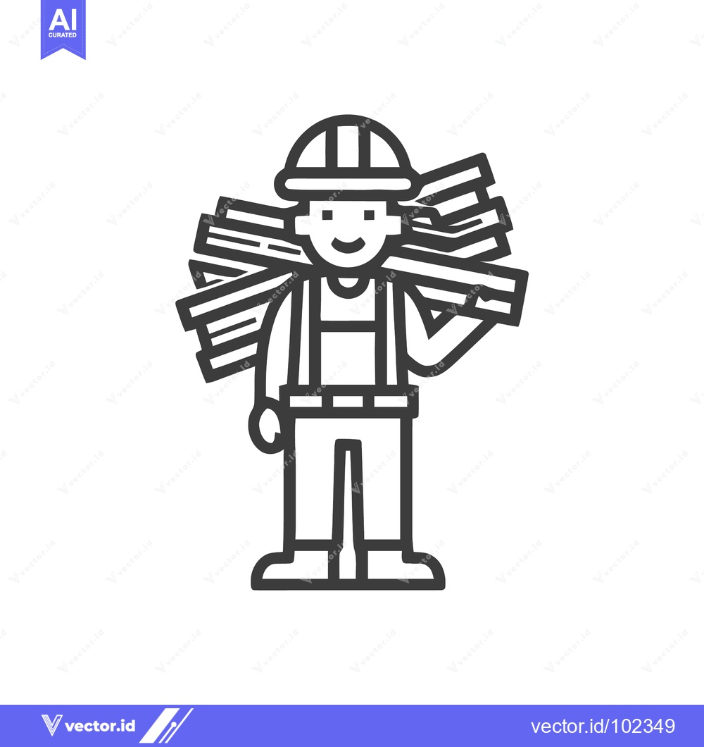 Premium Vector of Happy Construction Worker with Lumber, Bold Line Art Illustration