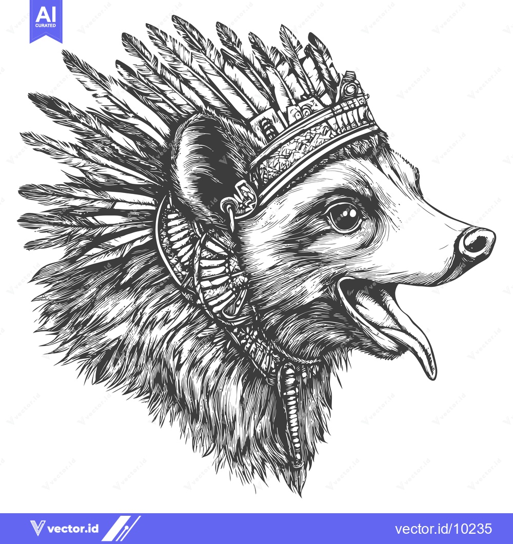 Premium Vector dari A Black and White Illustration of a Canine Wearing a Feather Headdress