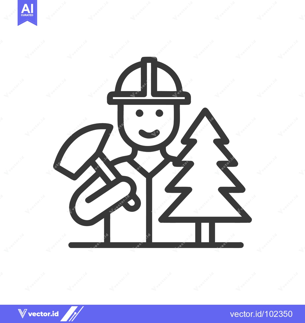 Premium Vector dari Smiling Forester in Hard Hat with Hammer and Tree, Line Art Icon