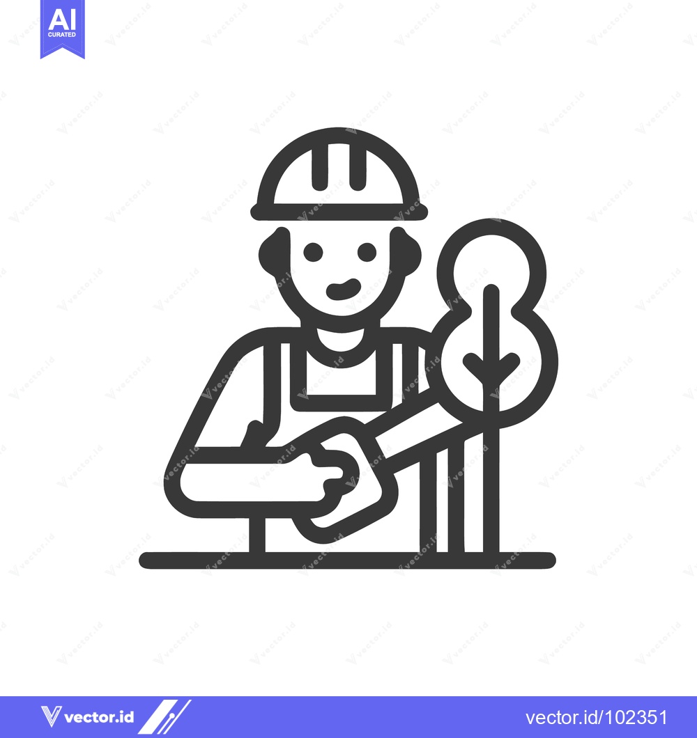 Premium Vector of Smiling Forester in Hard Hat Planting a Sapling, Minimalist Line Art I