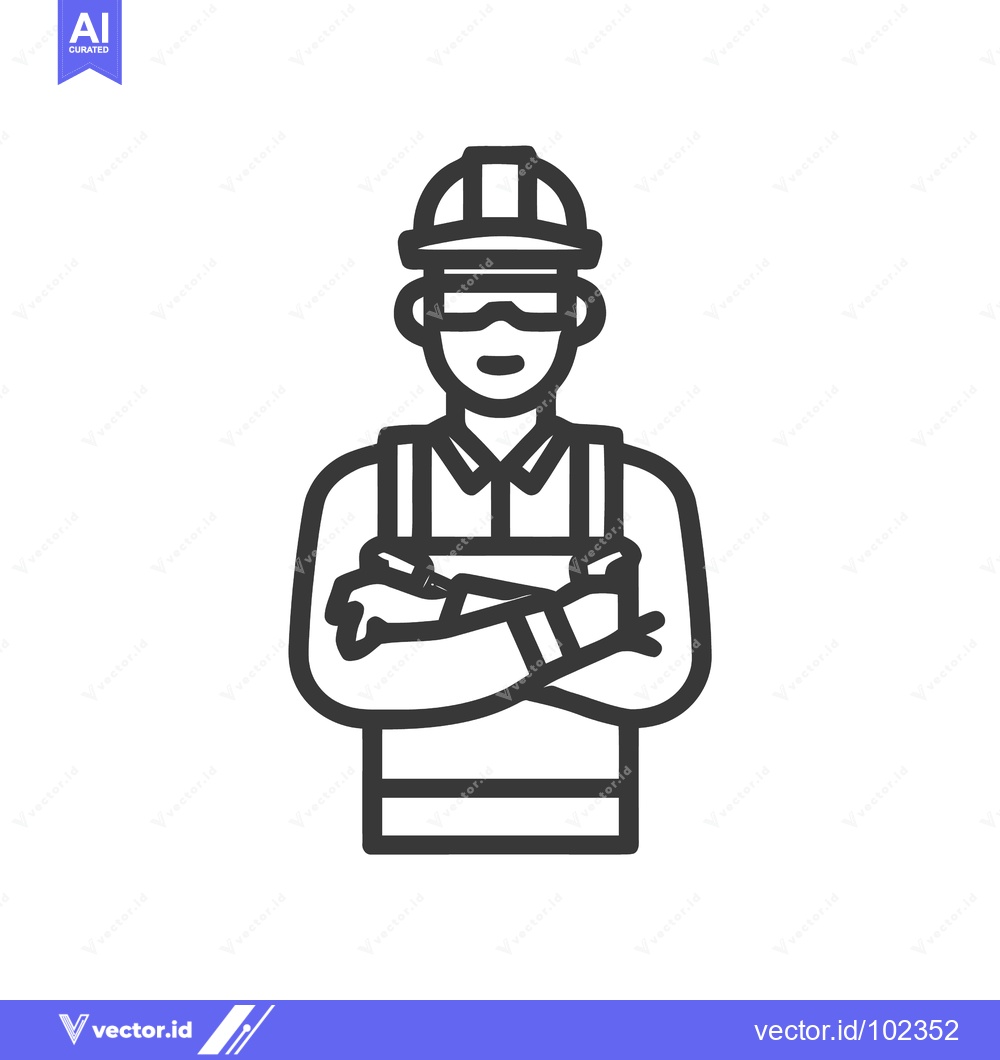 Premium Vector of Confident Engineer with Crossed Arms, Hard Hat and Goggles Line Art Ic