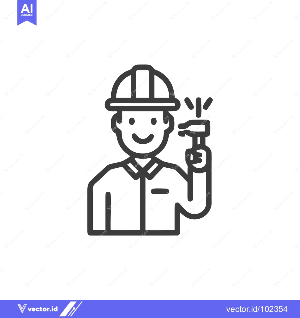 Premium Vector of Smiling Builder in Hard Hat Holding a Hammer, Minimalist Line Icon
