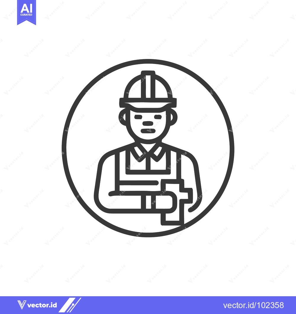 Premium Vector of Circular Line Art Icon of a Builder in Hard Hat Holding a Hammer