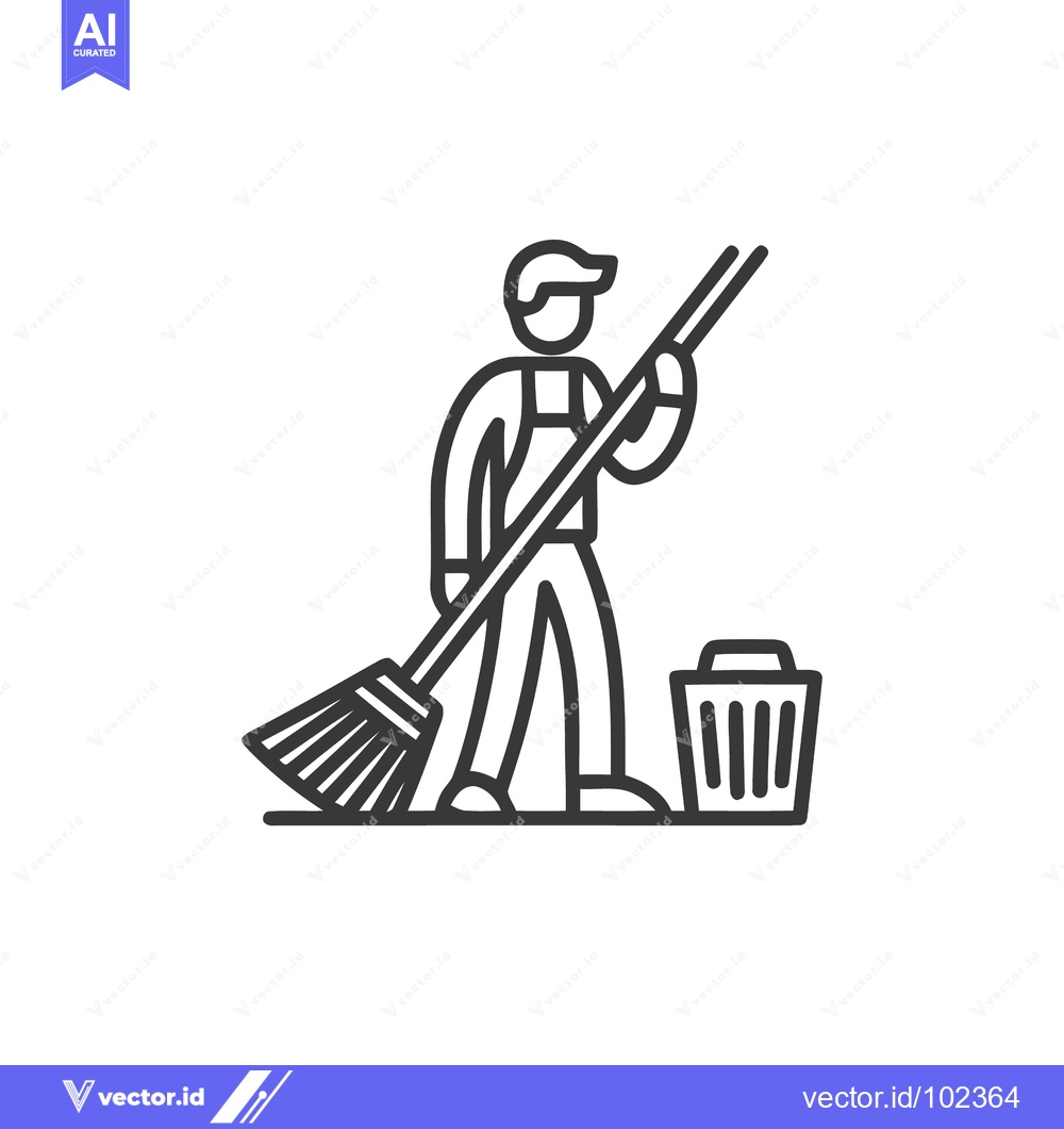 Premium Vector dari Janitor with broom and trash can, a bold monochrome line art icon for
