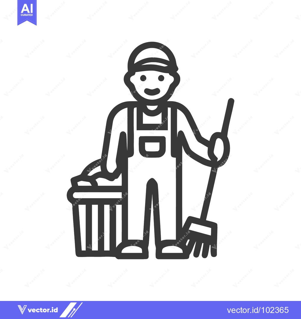 Premium Vector dari Friendly Janitor in Overalls with Broom and Trash Can, a Minimalist Li