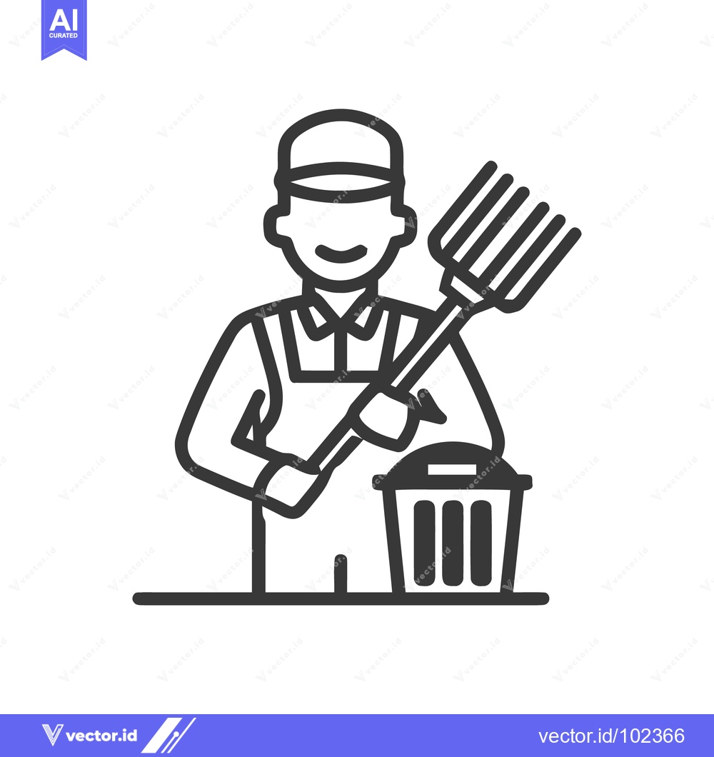 Premium Vector dari Smiling Groundskeeper with Pitchfork and Trash Bin Line Art Icon