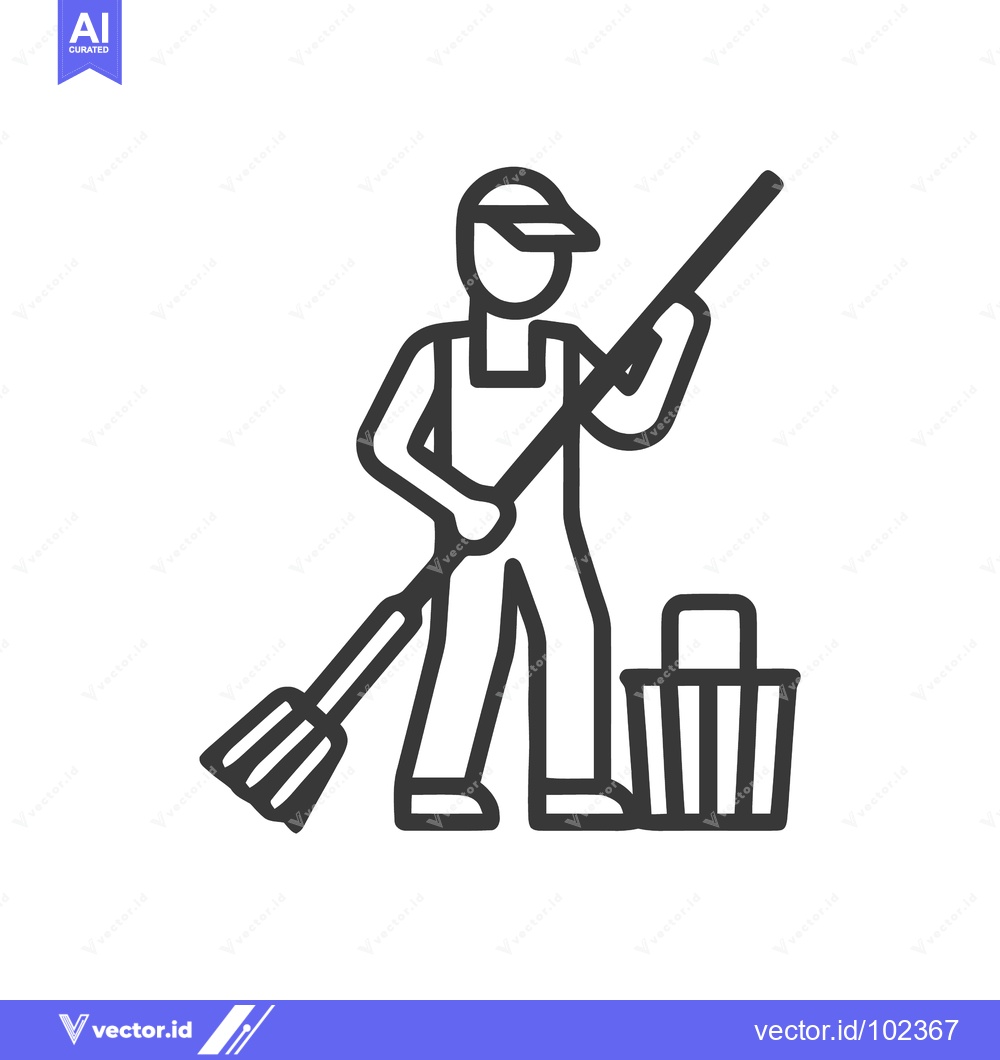 Premium Vector of Bold line art icon of a janitor in uniform with a broom and bucket.