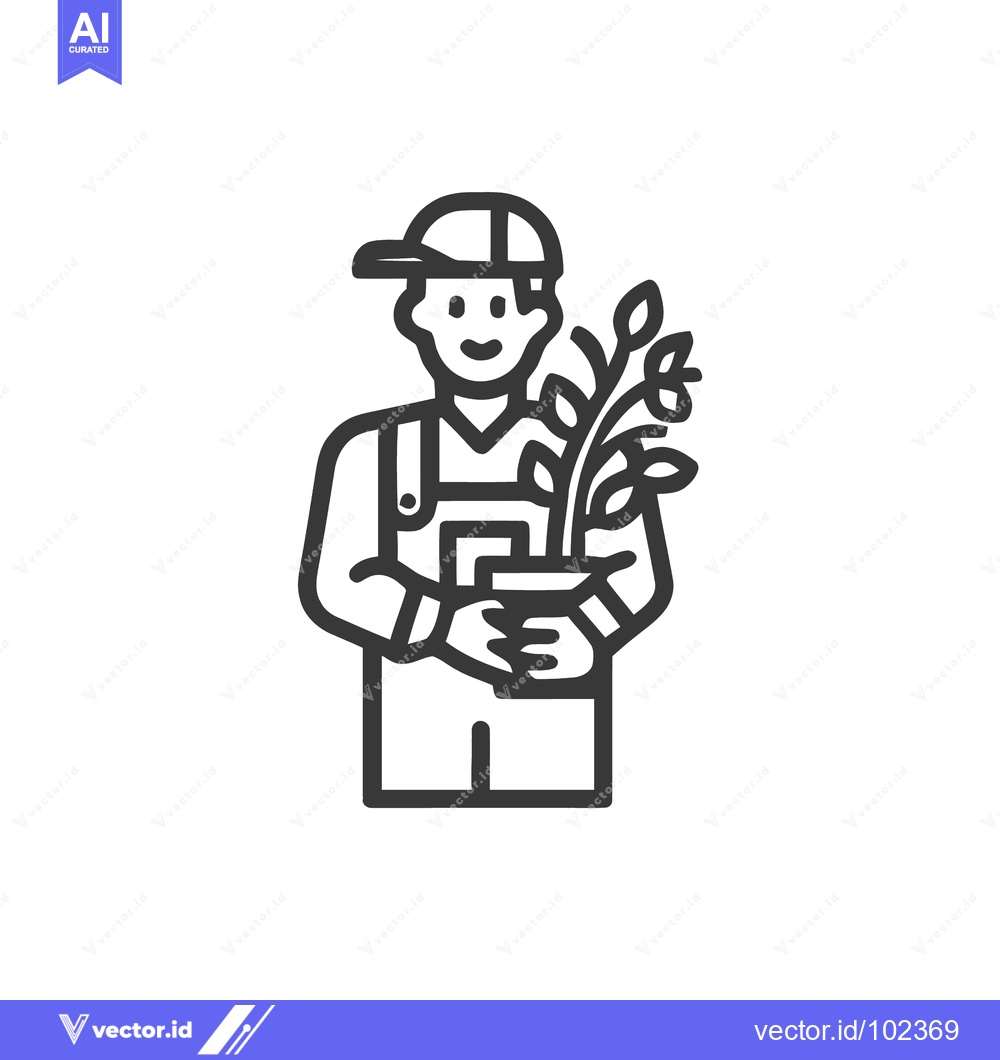 Premium Vector dari Smiling Gardener in Overalls Holding a Potted Sapling Line Icon