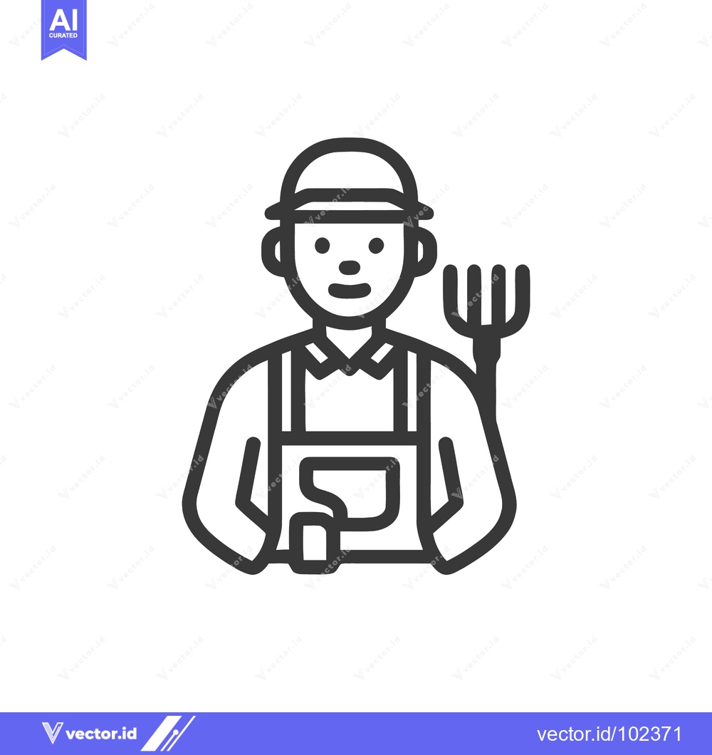 Premium Vector of Bold Line Art Icon of a Friendly Farmer in Overalls Holding a Pitchfor