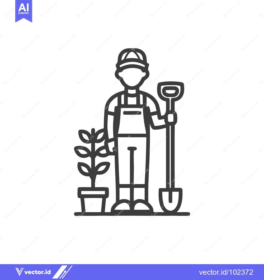 Premium Vector dari Professional Gardener Character with Tools, Minimalist Outline Icon