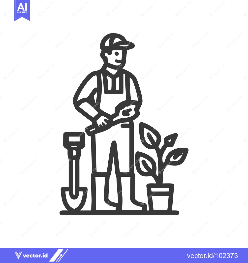 Premium Vector dari Minimalist Line Icon of a Smiling Gardener with Shovel and Potted Plan
