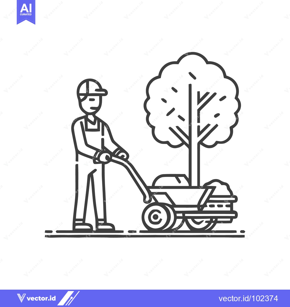 Premium Vector of Landscaper in Overalls Pushing Wheelbarrow with Tree Sapling Line Icon