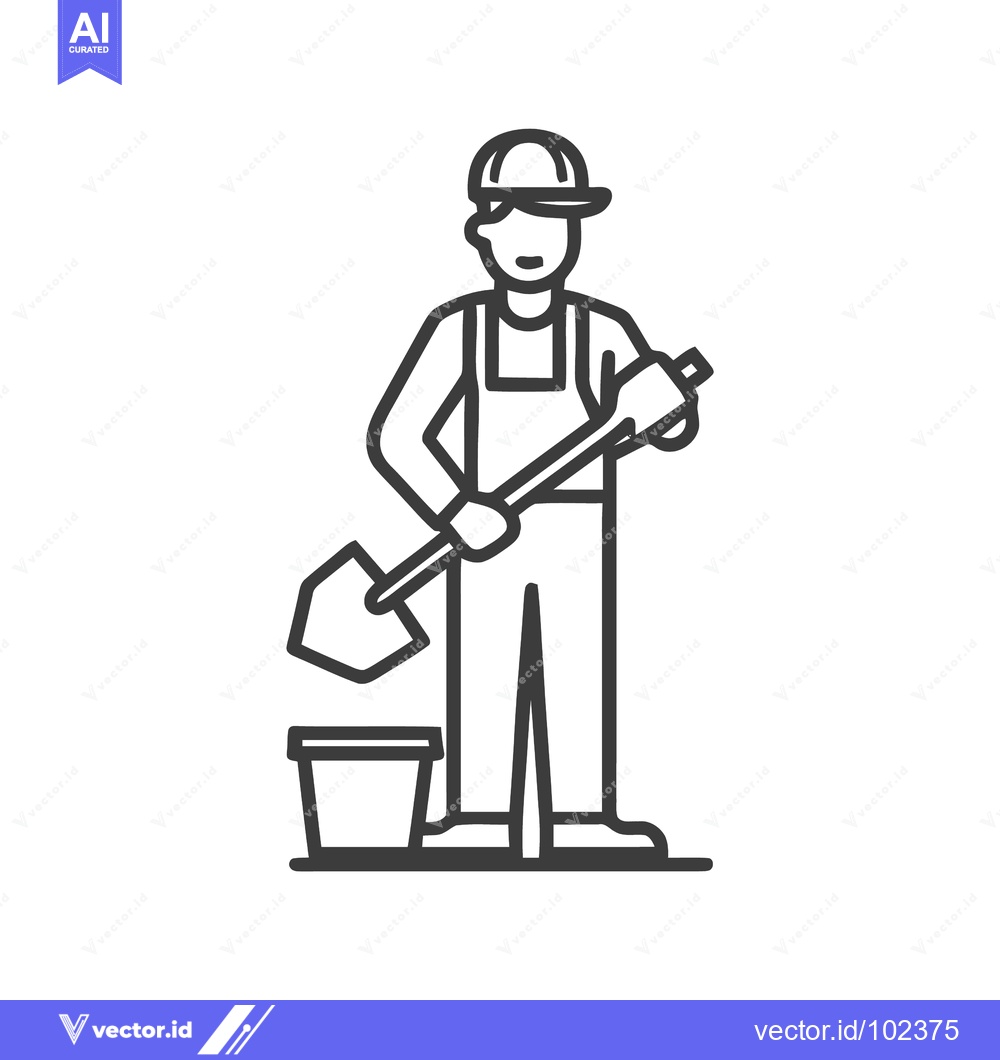 Premium Vector of Minimalist Line Art Icon of a Construction Worker with Shovel and Buck