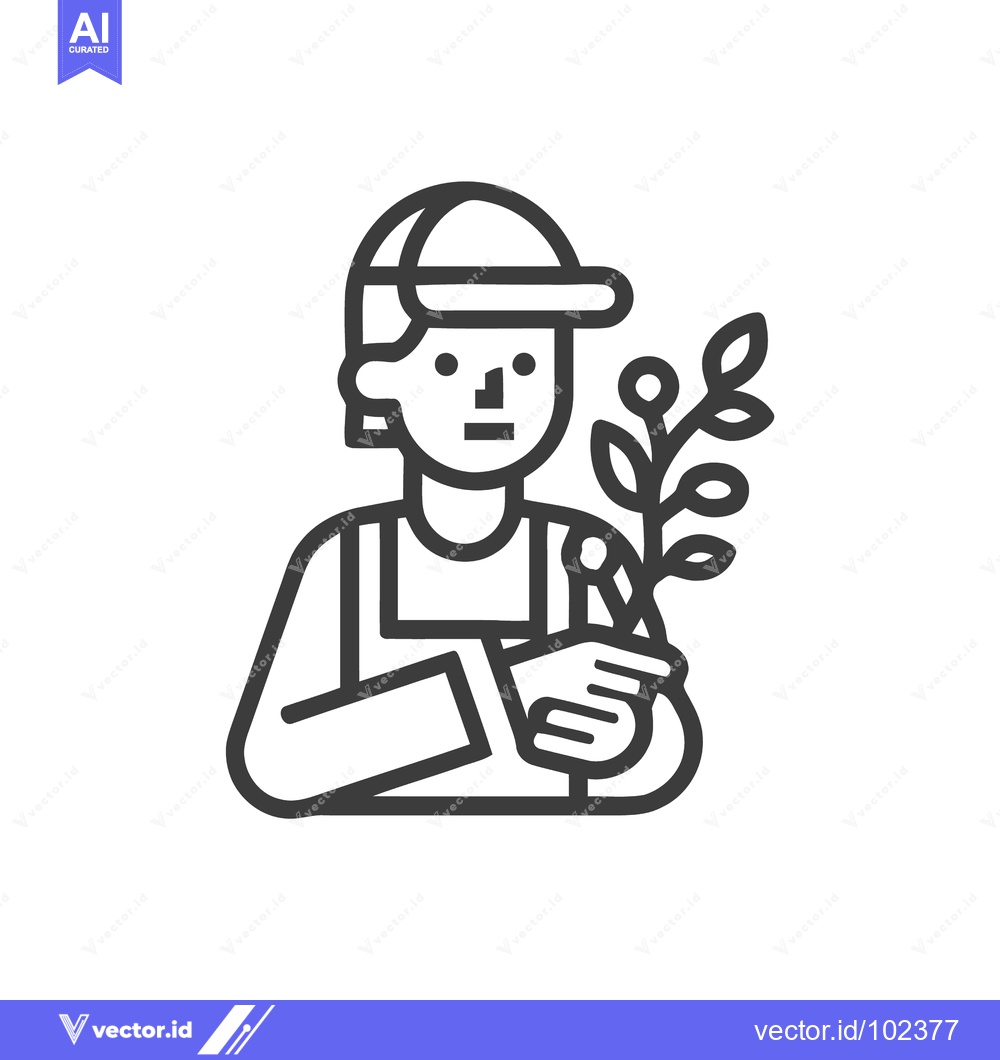 Premium Vector dari Minimalist Line Art Icon of a Farmer Nurturing a Young Sapling