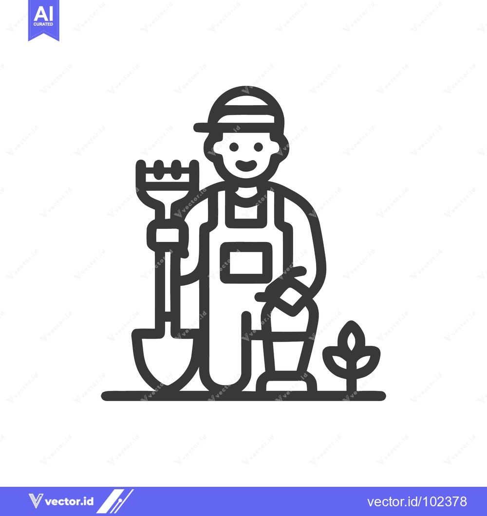 Premium Vector dari Modern Line Art Icon of a Cheerful Gardener with Tools and Sprout