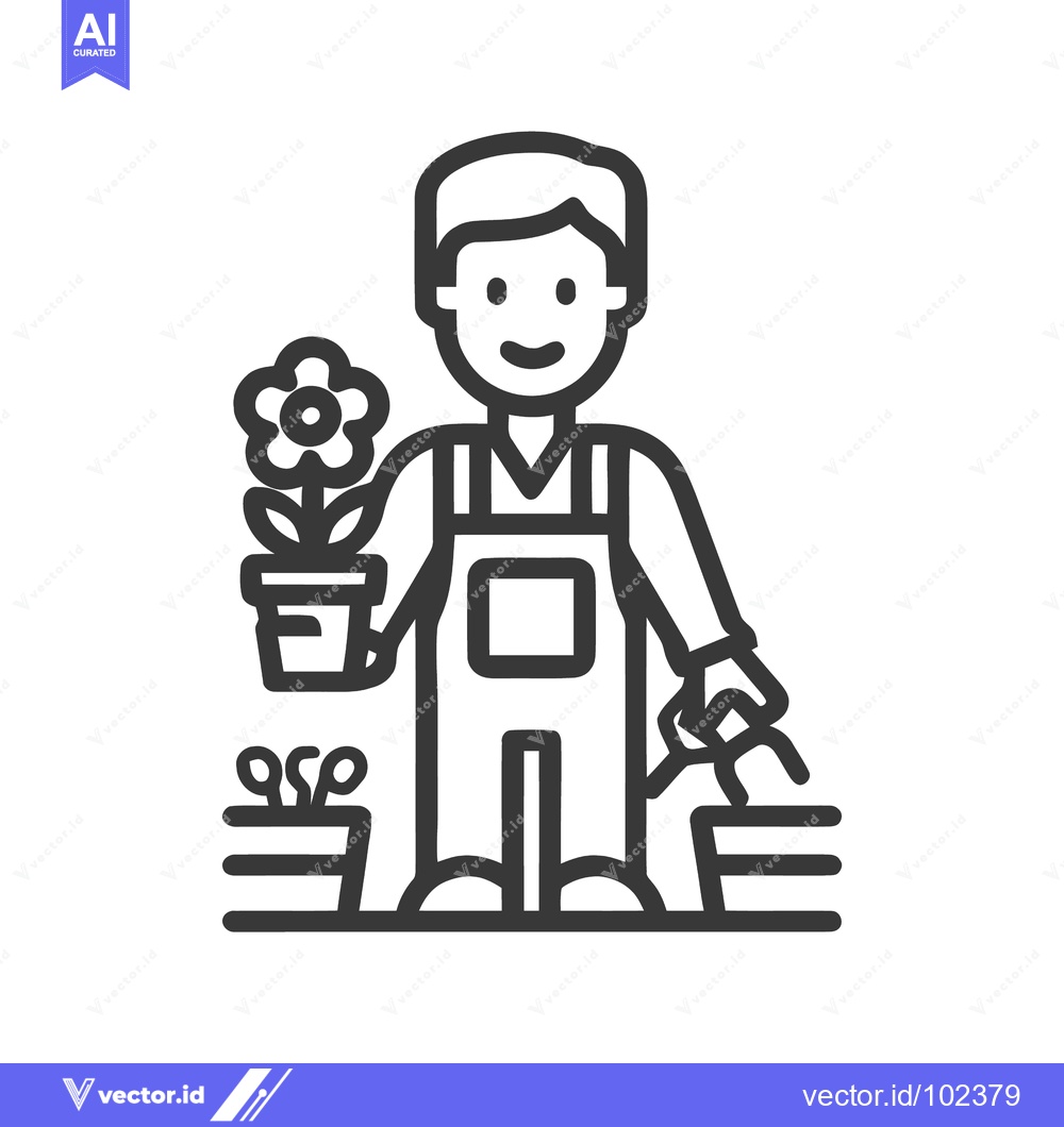 Premium Vector of Friendly Gardener in Overalls Tending to Plants, Minimalist Outline Ic