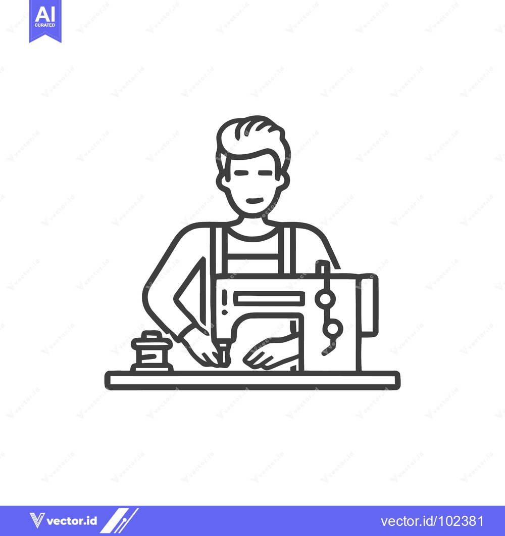 Premium Vector of Minimalist Line Art Icon: Person Operating Sewing Machine, Crafting Te