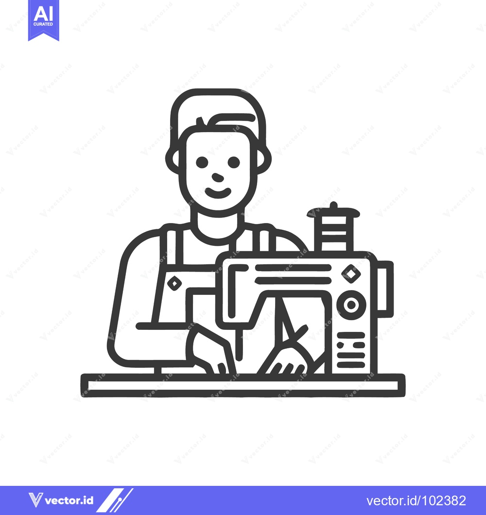 Premium Vector dari Smiling Craftsperson Operating Sewing Machine Line Art Icon