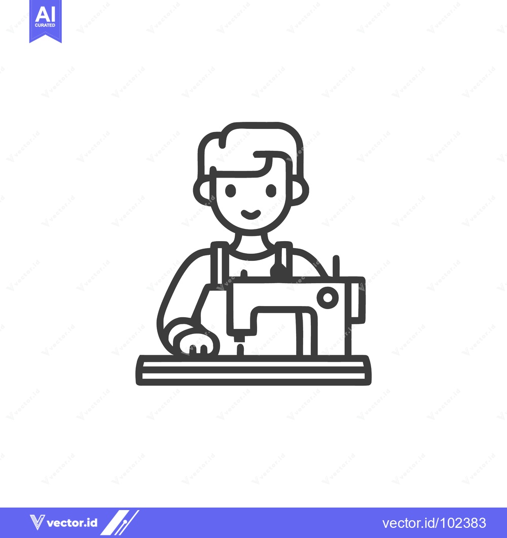 Premium Vector of Smiling Person Operating Sewing Machine, Minimalist Line Art Icon for