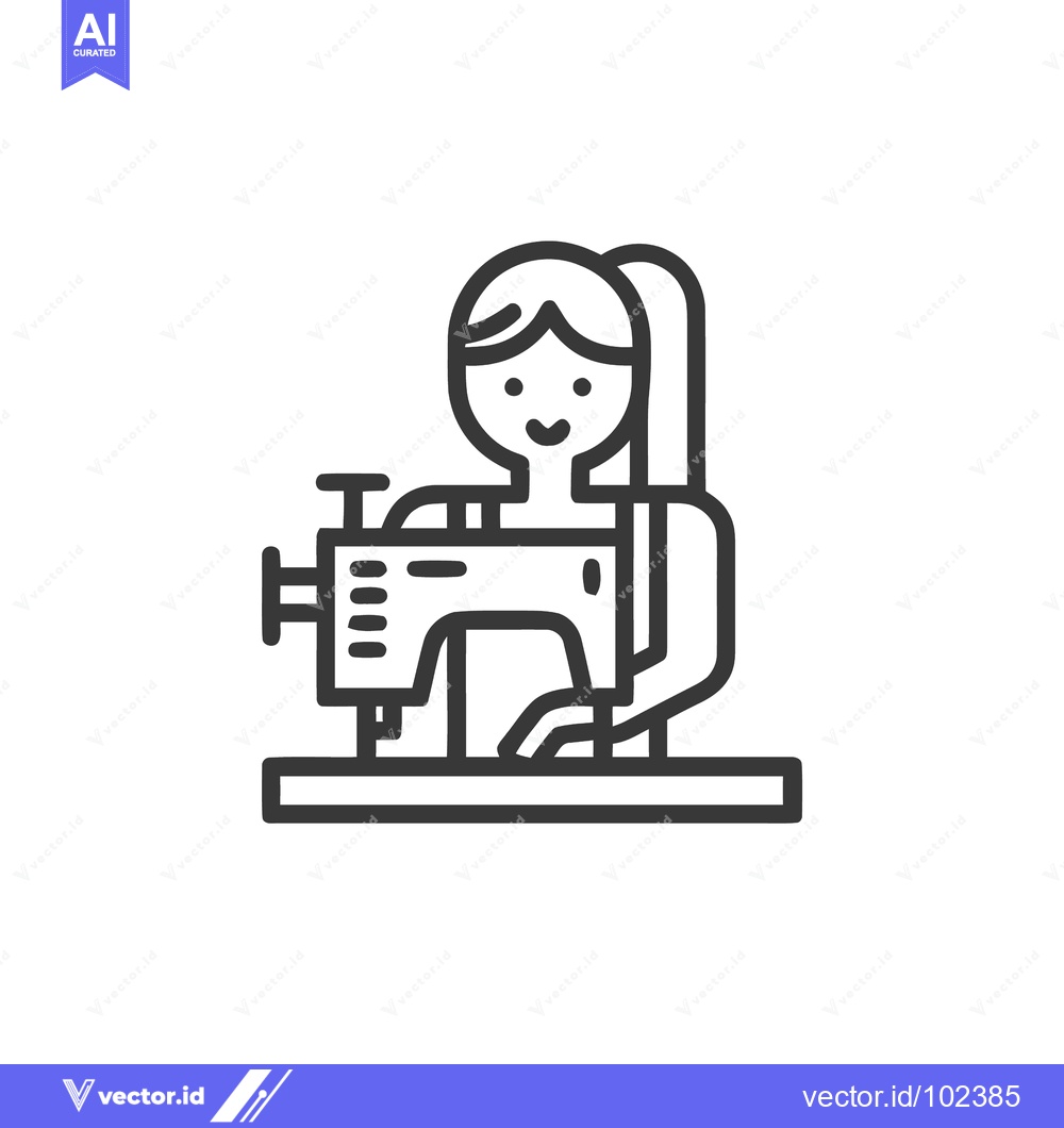 Premium Vector of Smiling Woman Operating Sewing Machine Line Art Icon for Creative Hobb