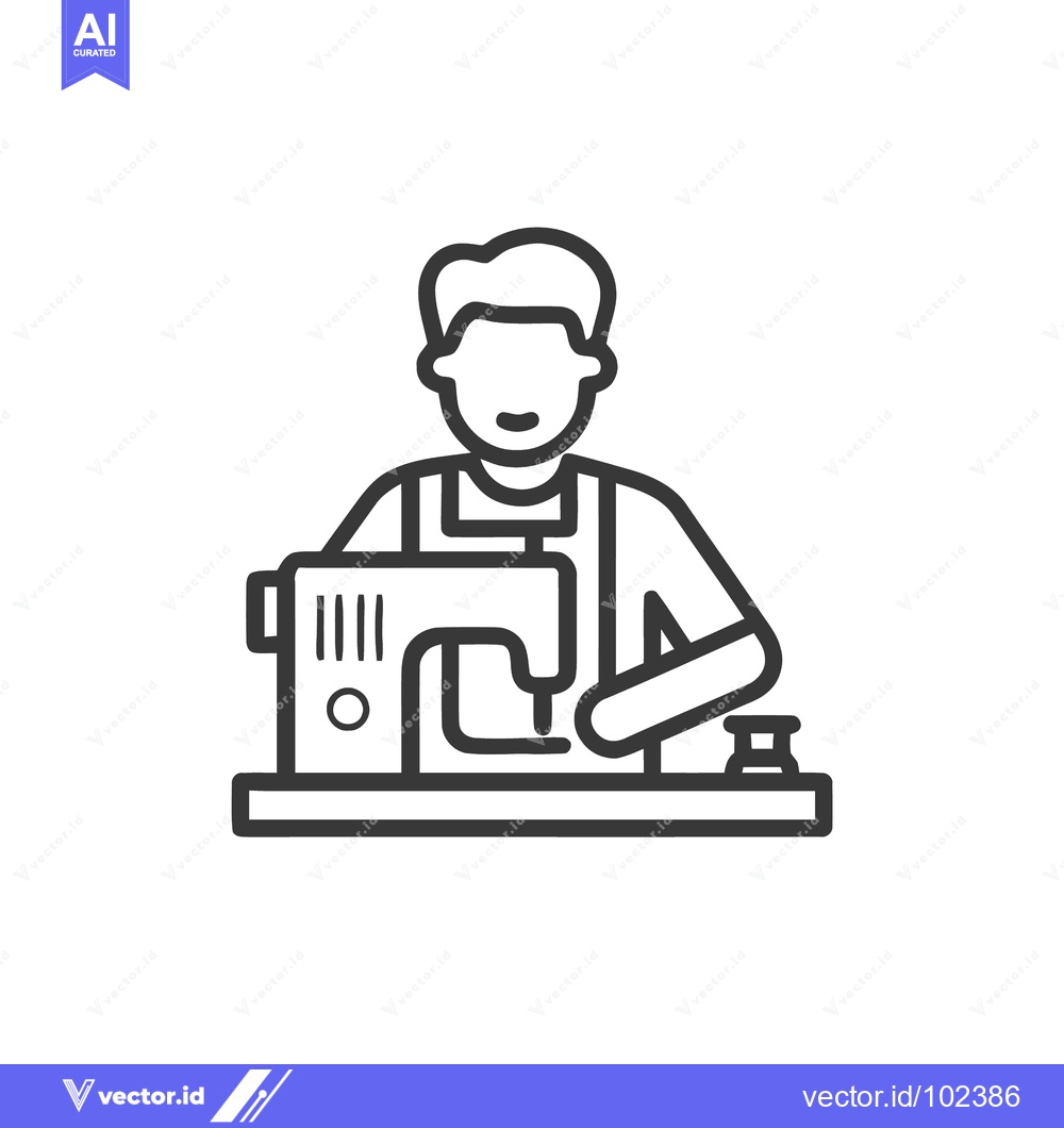 Premium Vector of Monochrome Line Art Icon: Person Sewing on Machine, Crafting, Tailorin