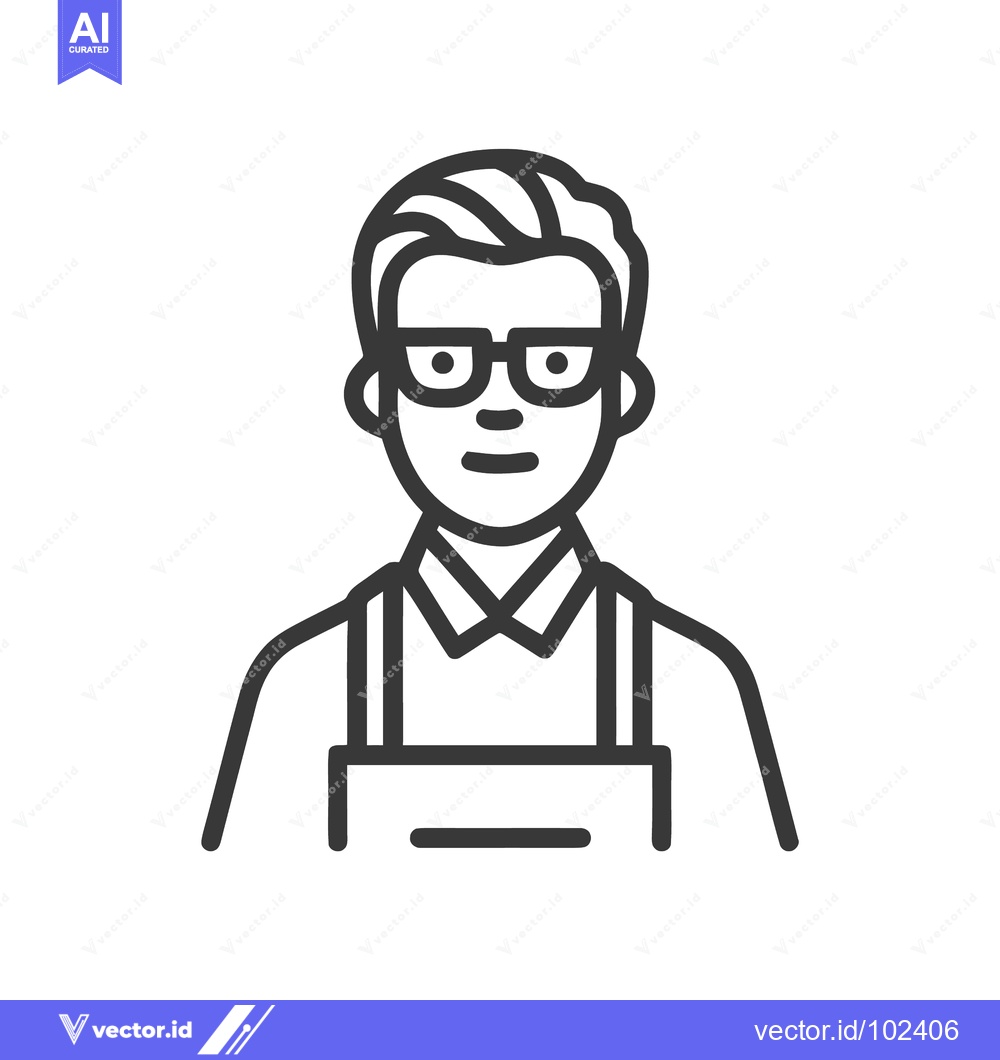Premium Vector dari Stylized Line Art Icon of Man with Glasses and Apron, Ideal for Servic