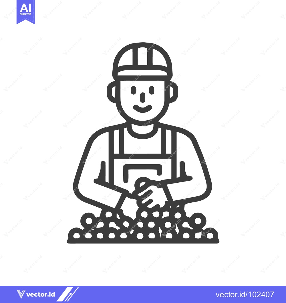 Premium Vector dari Clean Line Art Icon of Smiling Worker in Hard Hat and Overalls Holding