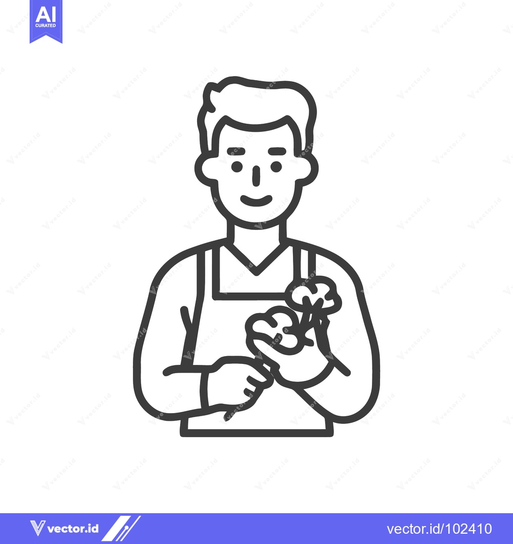Premium Vector dari Smiling Gardener Holding Cotton Plants Line Art Icon on White Backgrou