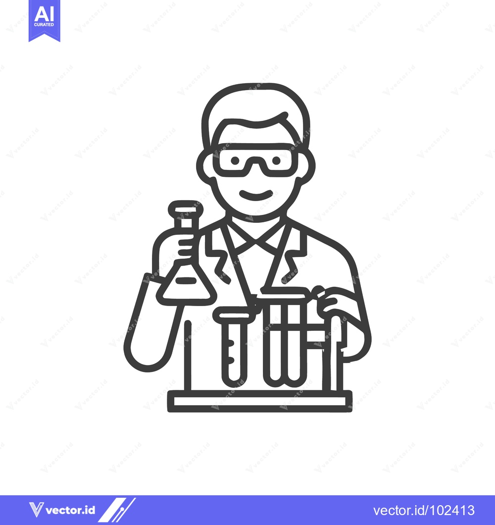 Premium Vector dari Minimalist Line Art Scientist Icon with Flask and Test Tubes, Symboliz