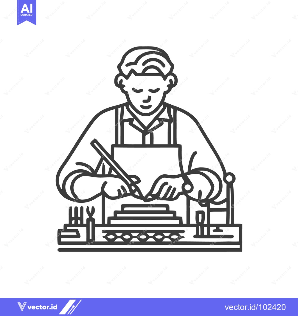 Premium Vector of Focused Artisan at Workbench: A Minimalist Line Art Icon of Engraving