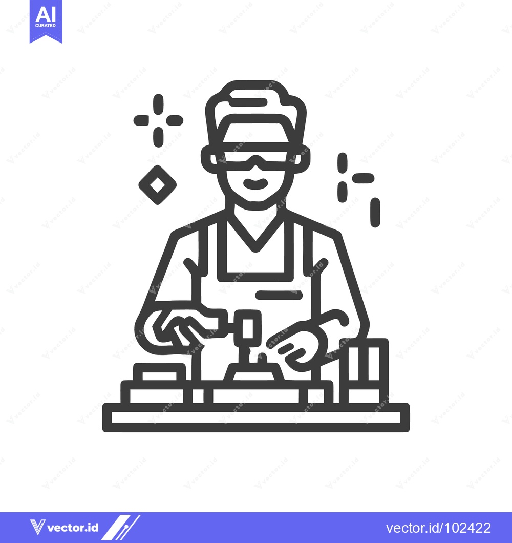 Premium Vector dari Focused Artisan in Goggles Crafting at a Workbench, Line Art Vector