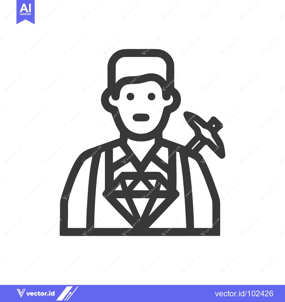 Premium Vector of Bold line art icon of a diamond miner with a pickaxe and a large facet